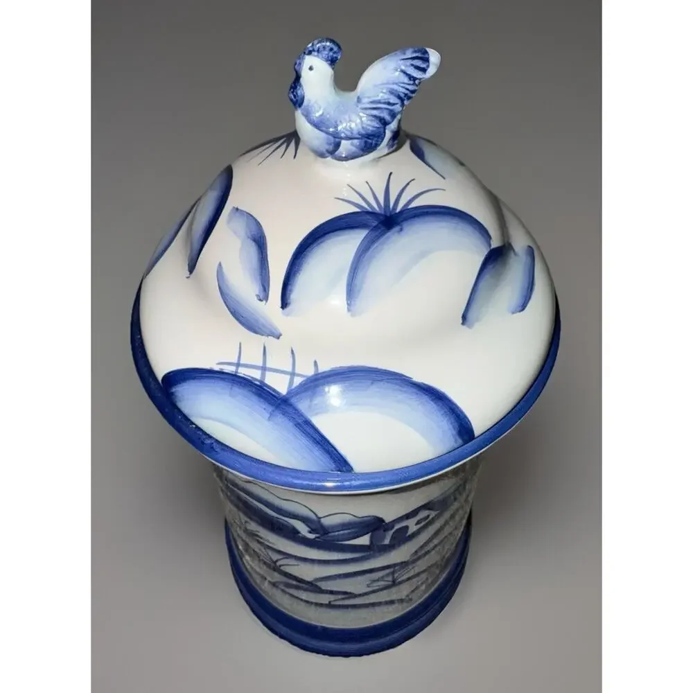 Vintage California Pantry Classic Ceramic w/ Lid Rooster Canister Farm Scene‎